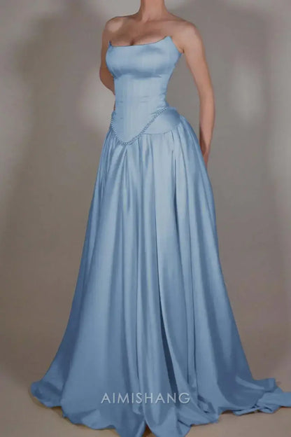 Aimishang Elegant A-Line Sleeveless Strapless Pleated Long Prom Dress with Beadings Chic Evening Party Dress Formal Gown