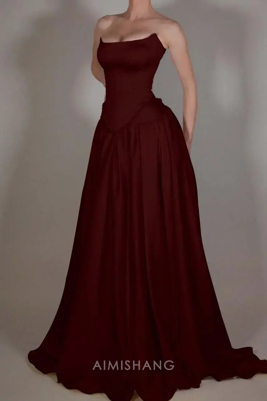 Aimishang Elegant A-Line Sleeveless Strapless Pleated Long Prom Dress with Beadings Chic Evening Party Dress Formal Gown