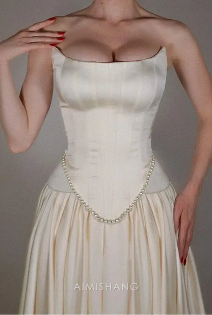Aimishang Elegant A-Line Sleeveless Strapless Pleated Long Prom Dress with Beadings Chic Evening Party Dress Formal Gown