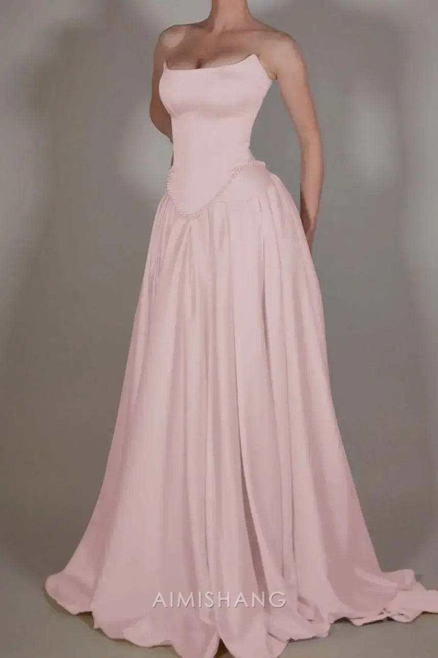 Aimishang Elegant A-Line Sleeveless Strapless Pleated Long Prom Dress with Beadings Chic Evening Party Dress Formal Gown