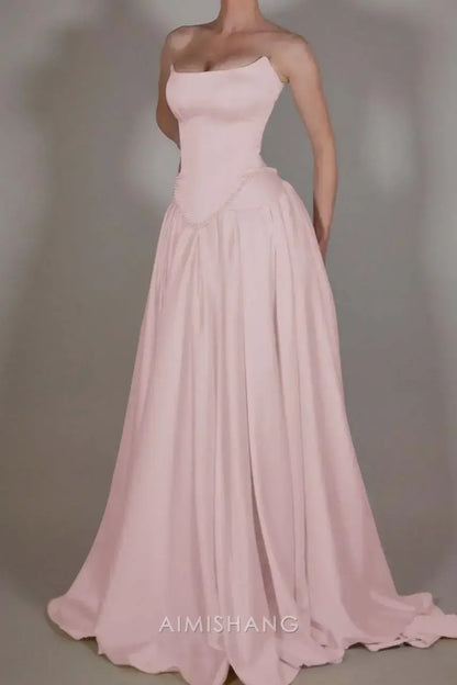 Aimishang Elegant A-Line Sleeveless Strapless Pleated Long Prom Dress with Beadings Chic Evening Party Dress Formal Gown