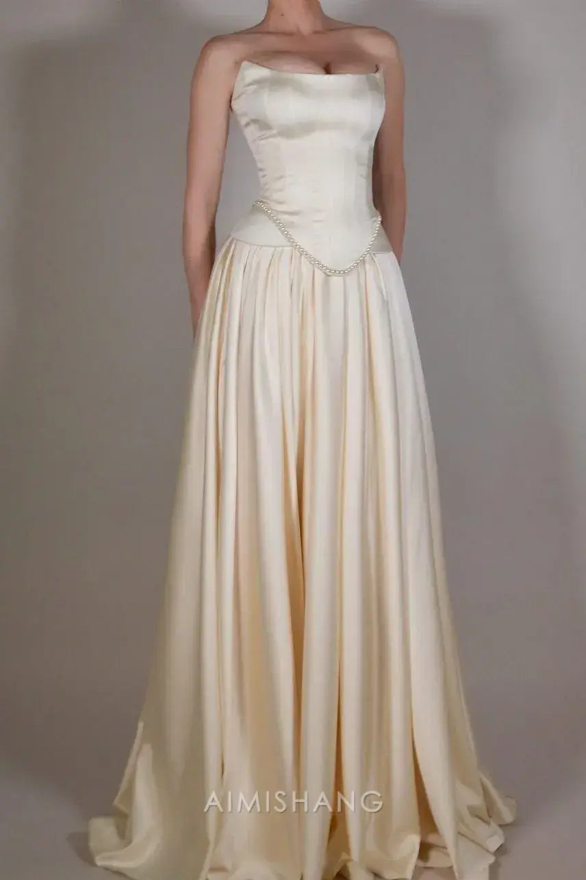 Aimishang Elegant A-Line Sleeveless Strapless Pleated Long Prom Dress with Beadings Chic Evening Party Dress Formal Gown