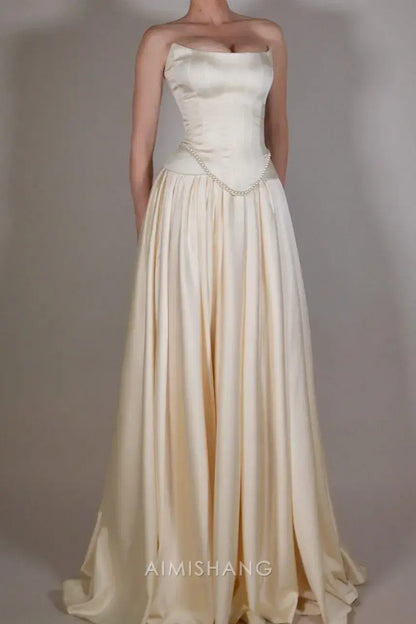 Aimishang Elegant A-Line Sleeveless Strapless Pleated Long Prom Dress with Beadings Chic Evening Party Dress Formal Gown