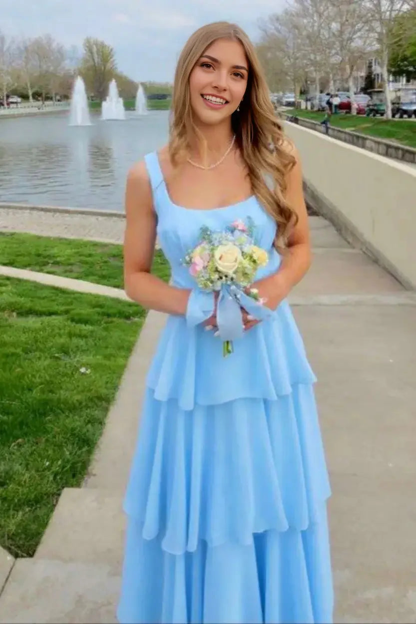Aimishang Elegant A-Line Sleeveless Tiered Blue Long Formal Prom Dress Lovely Party Evening Gown
