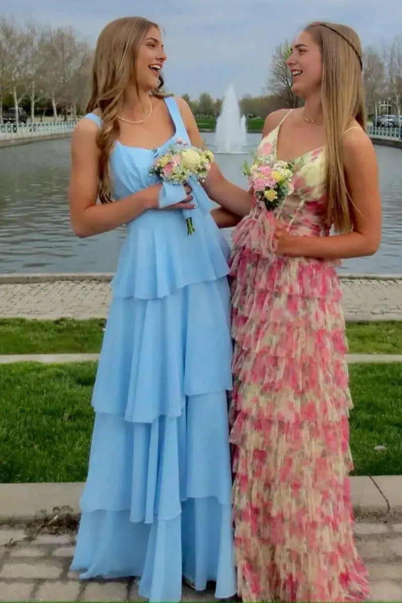Aimishang Elegant A-Line Sleeveless Tiered Blue Long Formal Prom Dress Lovely Party Evening Gown