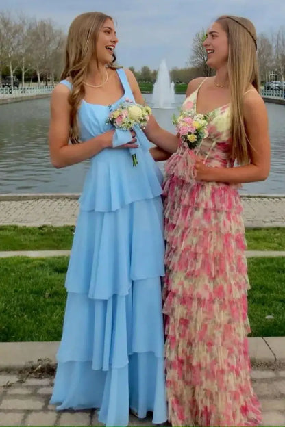 Aimishang Elegant A-Line Sleeveless Tiered Blue Long Formal Prom Dress Lovely Party Evening Gown