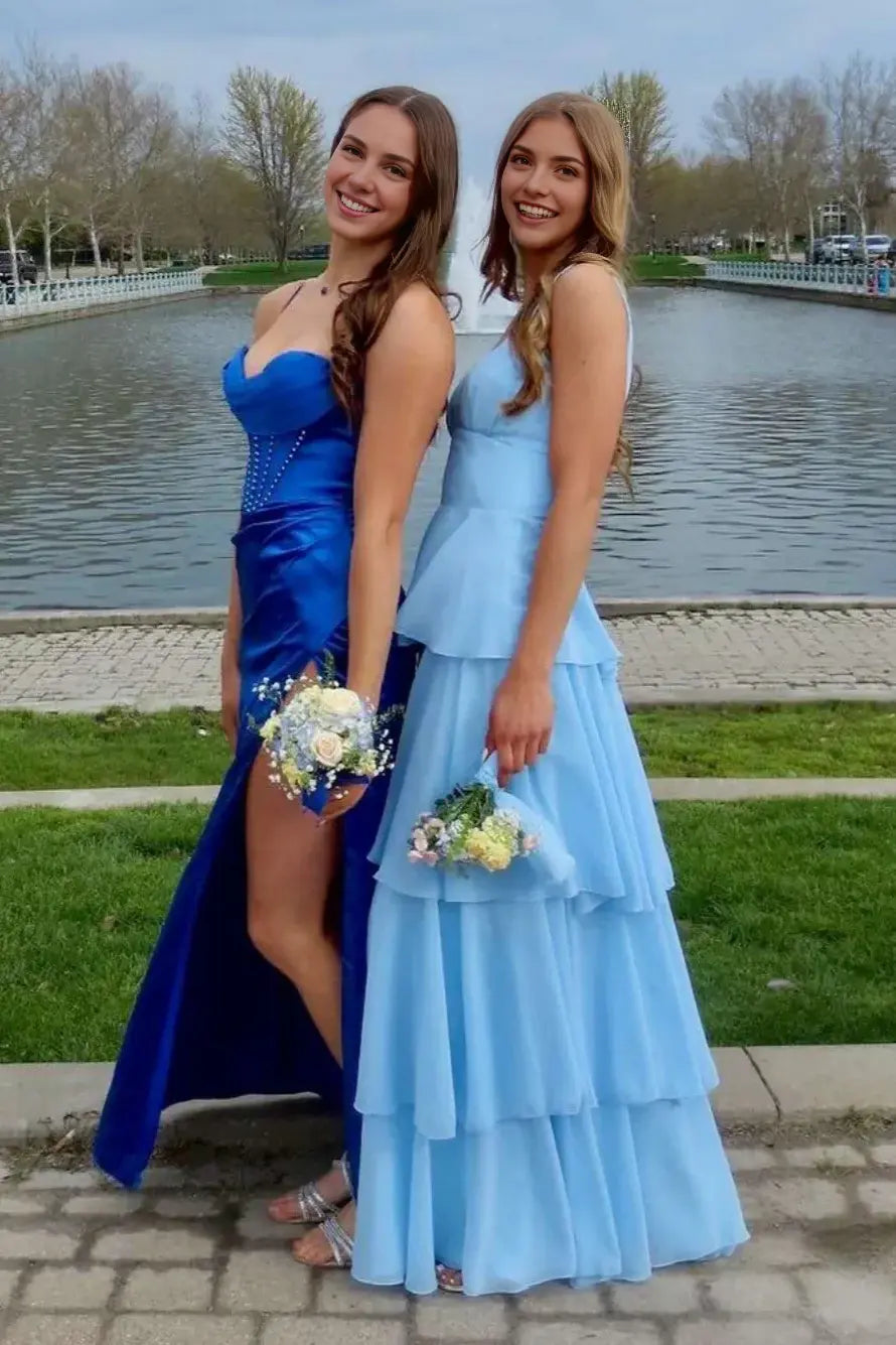 Aimishang Elegant A-Line Sleeveless Tiered Blue Long Formal Prom Dress Lovely Party Evening Gown
