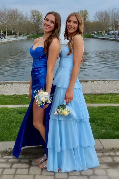 Aimishang Elegant A-Line Sleeveless Tiered Blue Long Formal Prom Dress Lovely Party Evening Gown