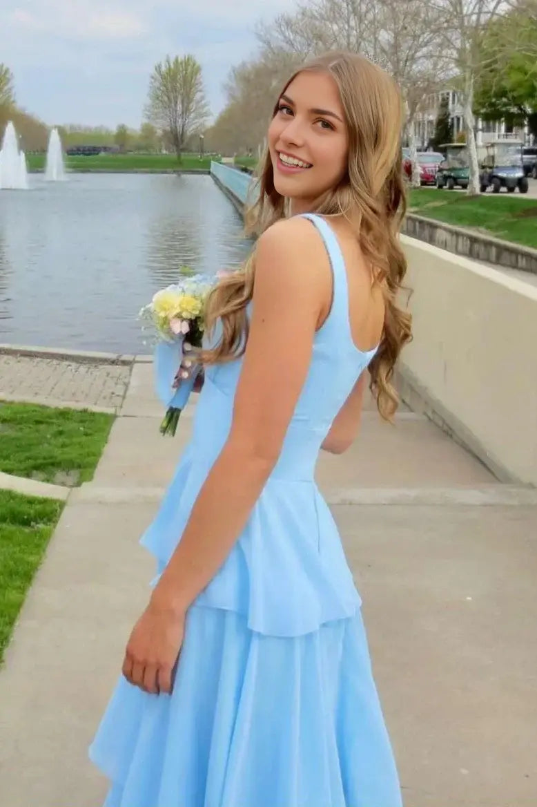 Aimishang Elegant A-Line Sleeveless Tiered Blue Long Formal Prom Dress Lovely Party Evening Gown