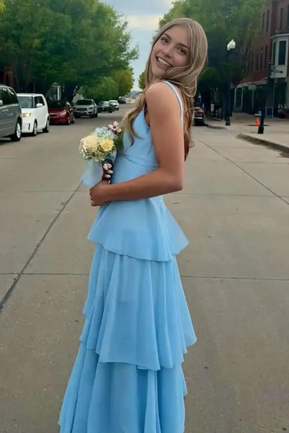 Aimishang Elegant A-Line Sleeveless Tiered Blue Long Formal Prom Dress Lovely Party Evening Gown