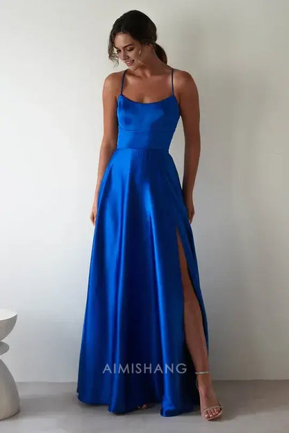 Aimishang Elegant A-Line Spaghetti Straps Satin Long Prom Dress Simple Evening Party Dress With Slit