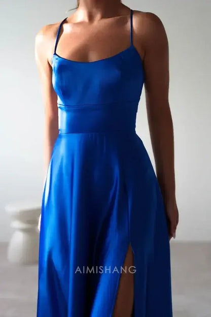 Aimishang Elegant A-Line Spaghetti Straps Satin Long Prom Dress Simple Evening Party Dress With Slit