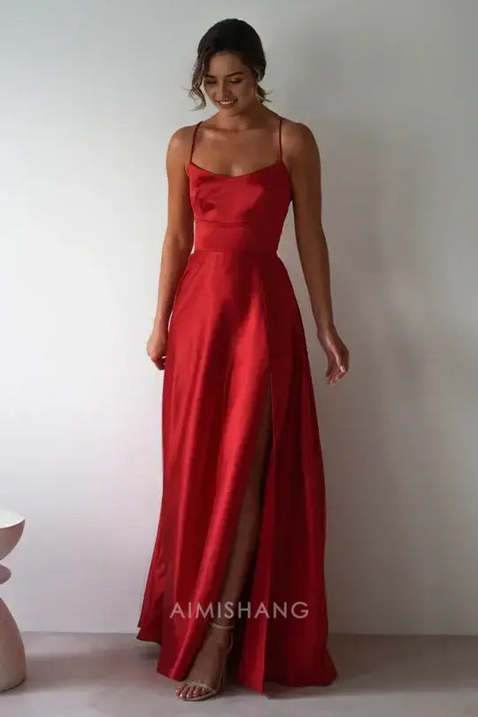 Aimishang Elegant A-Line Spaghetti Straps Satin Long Prom Dress Simple Evening Party Dress With Slit