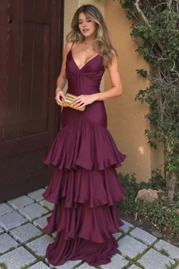 Aimishang Elegant Spaghetti Straps V-Neck Tiered Wedding Guest Party Dress Charming Long Formal Prom Dress