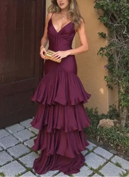 Aimishang Elegant Spaghetti Straps V-Neck Tiered Wedding Guest Party Dress Charming Long Formal Prom Dress