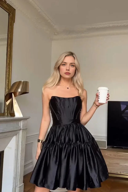 Aimishang Elegant A-Line Strapless Black Satin Sleeveless Short Summer Graduation Party Dress Classy Birthday Homecoming Dress