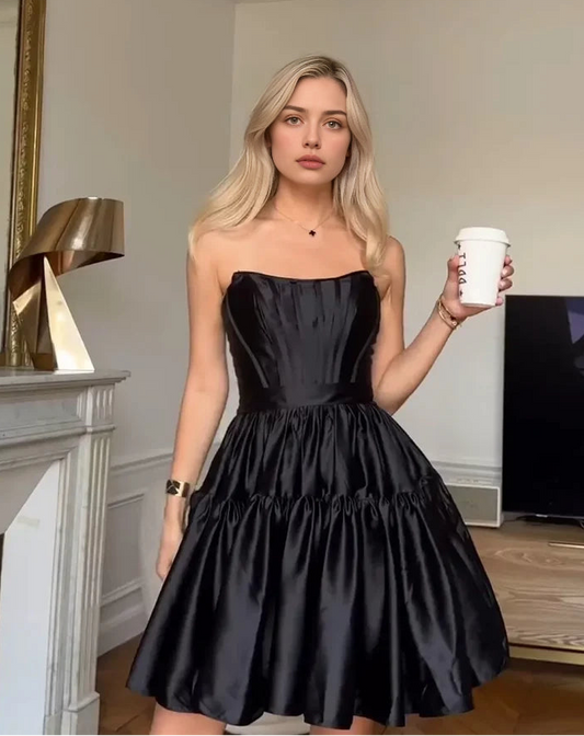 Aimishang Elegant A-Line Strapless Black Satin Sleeveless Short Summer Graduation Party Dress Classy Birthday Homecoming Dress