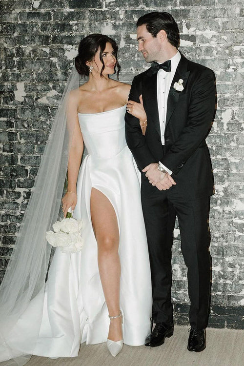 Aimishang Elegant A-Line Strapless Satin Simple Bridal Gown Charming Wedding Dresses with Slit