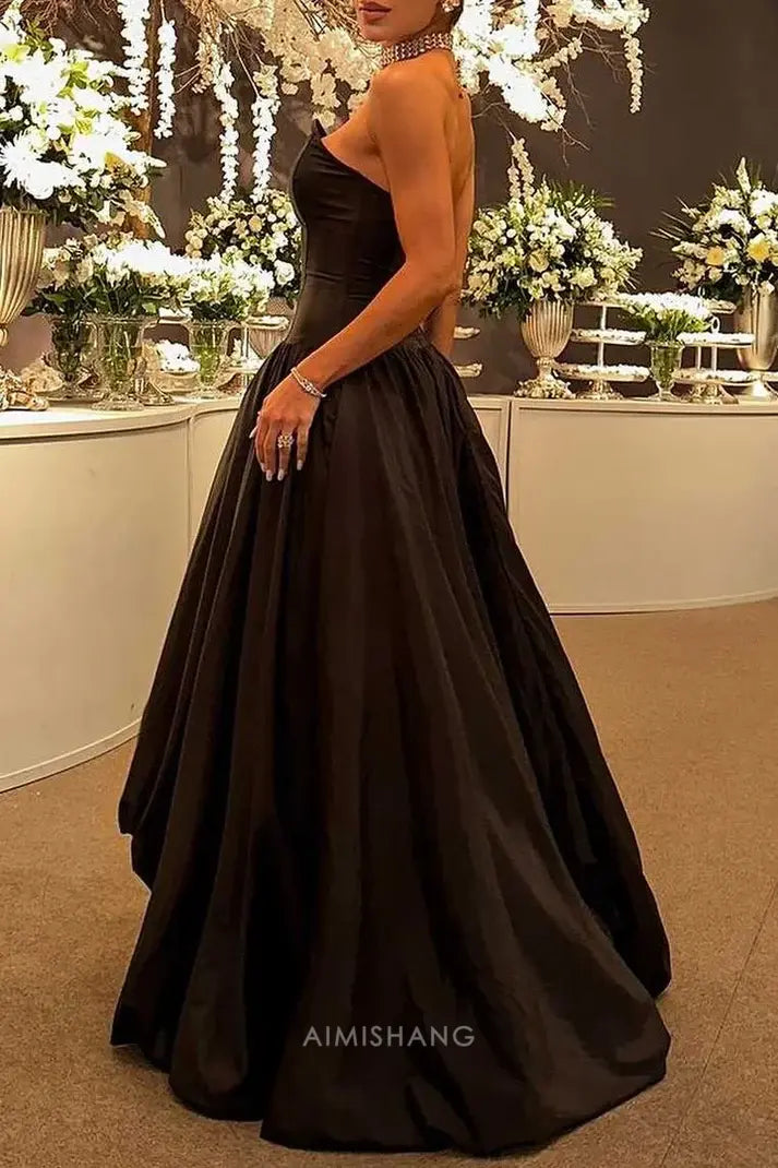 Aimishang Elegant A-Line Strapless Sleeveless Party Evening Gown Black Long Formal Prom Dress Simple Graduation Dress