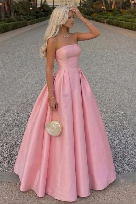 Elegant A-Line Strapless Sleeveless Pleated Satin Floor-Length Gown for Women Party Event