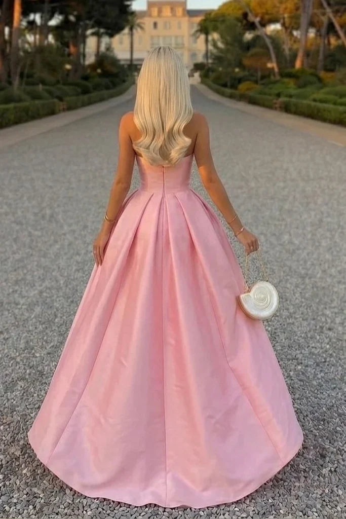 Elegant A-Line Strapless Sleeveless Pleated Satin Floor-Length Gown for Women Party Event