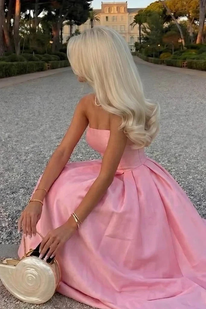 Elegant A-Line Strapless Sleeveless Pleated Satin Floor-Length Gown for Women Party Event