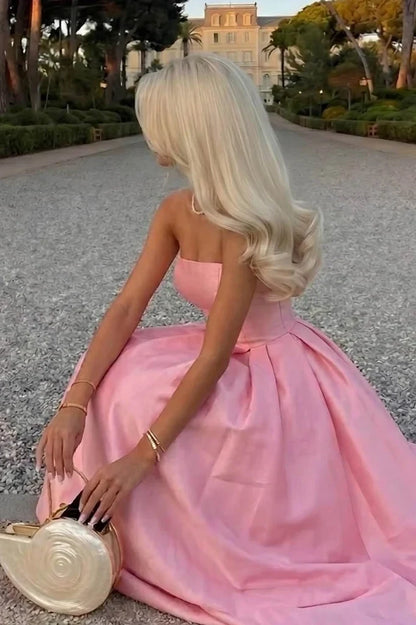 Elegant A-Line Strapless Sleeveless Pleated Satin Floor-Length Gown for Women Party Event