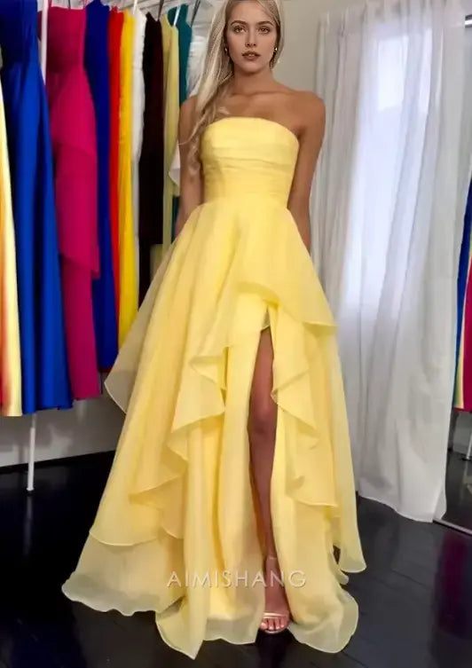 Aimishang Yellow Elegant A-Line Strapless Sleeveless Tiered Prom Dress With Slit Charming Evening Party Dress