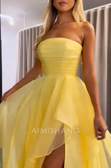 Aimishang Yellow Elegant A-Line Strapless Sleeveless Tiered Prom Dress With Slit Charming Evening Party Dress
