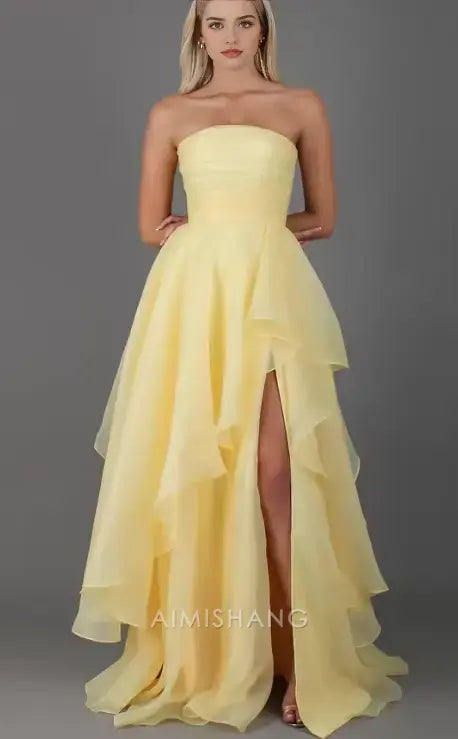 Aimishang Elegant A-Line Strapless Sleeveless Tiered Prom Dress With Slit Charming Evening Party Dress