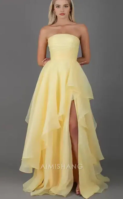 Aimishang Elegant A-Line Strapless Sleeveless Tiered Prom Dress With Slit Charming Evening Party Dress