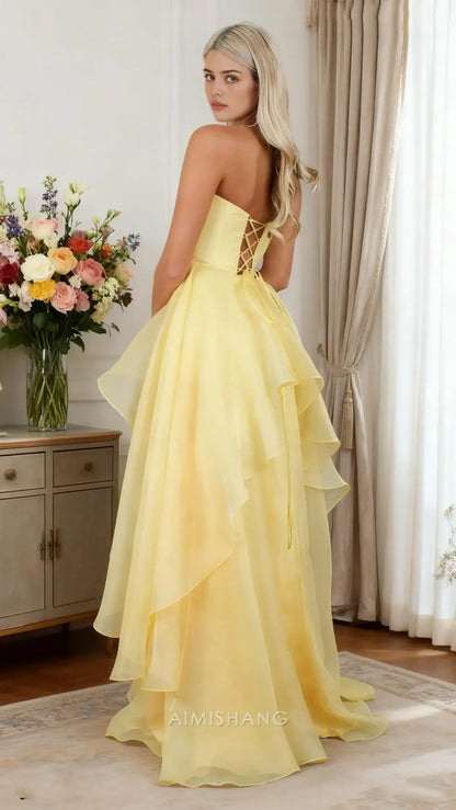 Aimishang Elegant A-Line Strapless Sleeveless Tiered Prom Dress With Slit Charming Evening Party Dress