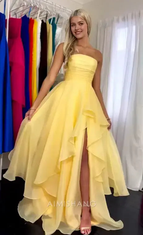 Aimishang Yellow Elegant A-Line Strapless Sleeveless Tiered Prom Dress With Slit Charming Evening Party Dress