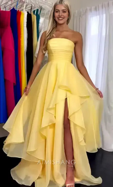 Aimishang Yellow Elegant A-Line Strapless Sleeveless Tiered Prom Dress With Slit Charming Evening Party Dress