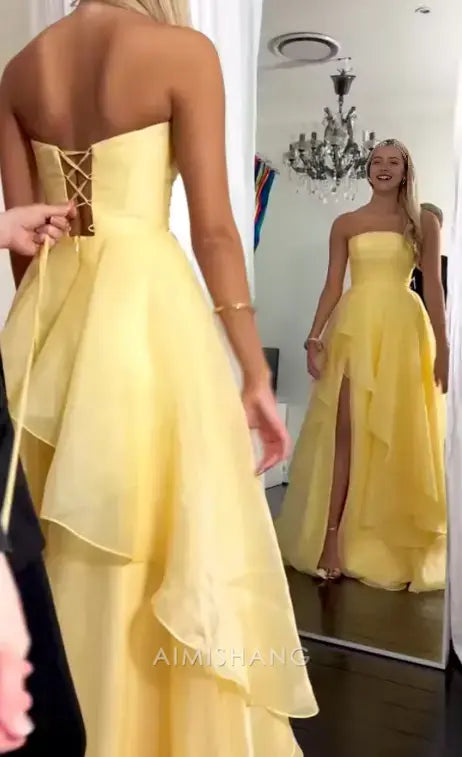 Aimishang Yellow Elegant A-Line Strapless Sleeveless Tiered Prom Dress With Slit Charming Evening Party Dress