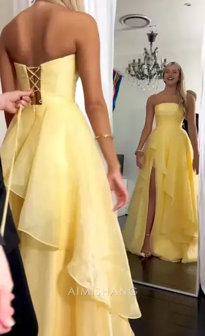 Aimishang Yellow Elegant A-Line Strapless Sleeveless Tiered Prom Dress With Slit Charming Evening Party Dress