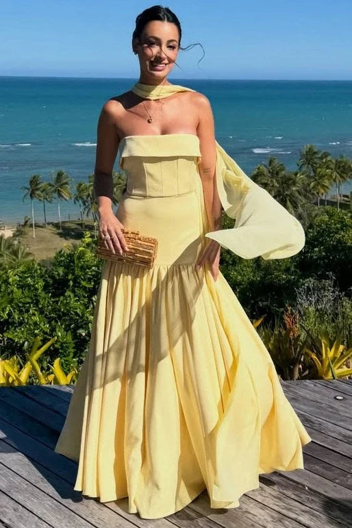 Elegant A-Line Yellow Strapless Sleeveless Women's Evening Party Dress