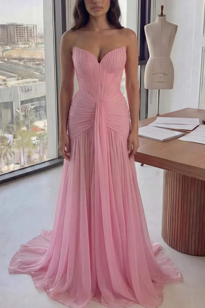 Aimishang Elegant A-Line Sweetheart Sleeveless Pleated Ruched Chiffon Evening Gown Women's Formal Dress