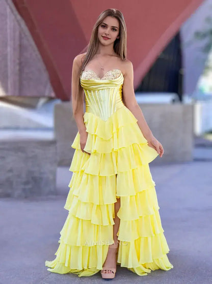 Aimishang Elegant A-Line Sweetheart Strapless Ruffle Layered Long Formal Prom Dress With Slit Charming Evening Gown Elegant Party Dress