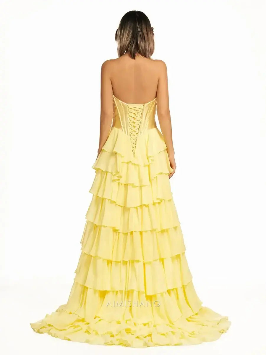 Aimishang Yellow Elegant A-Line Sweetheart Strapless Ruffle Layered Long Formal Prom Dress With Slit Charming Evening Gown Elegant Party Dress