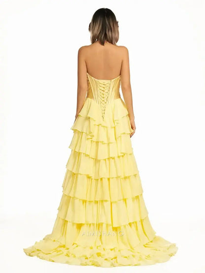 Aimishang Yellow Elegant A-Line Sweetheart Strapless Ruffle Layered Long Formal Prom Dress With Slit Charming Evening Gown Elegant Party Dress