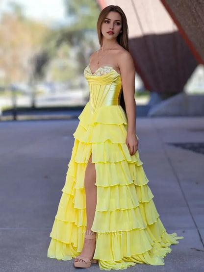 Aimishang Yellow Elegant A-Line Sweetheart Strapless Ruffle Layered Long Formal Prom Dress With Slit Charming Evening Gown Elegant Party Dress