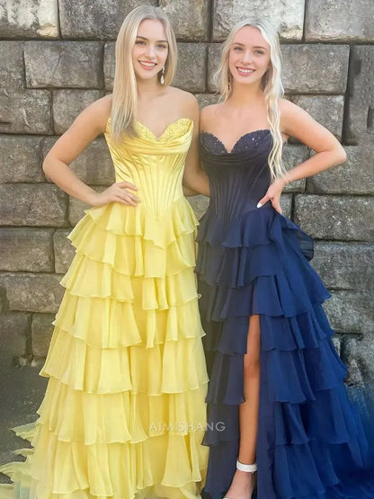 Aimishang Elegant A-Line Sweetheart Strapless Ruffle Layered Long Formal Prom Dress With Slit Charming Evening Gown Elegant Party Dress