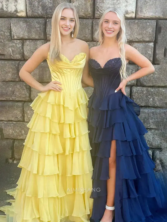 Aimishang Elegant A-Line Sweetheart Strapless Ruffle Layered Long Formal Prom Dress With Slit Charming Evening Gown Elegant Party Dress