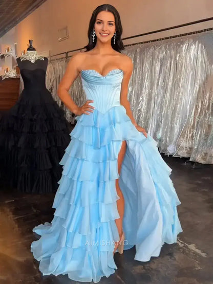 Aimishang Elegant A-Line Sweetheart Strapless Ruffle Layered Long Formal Prom Dress With Slit Charming Evening Gown Elegant Party Dress