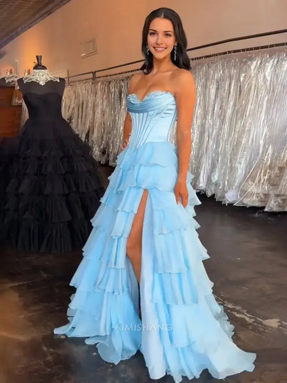 Aimishang Elegant A-Line Sweetheart Strapless Ruffle Layered Long Formal Prom Dress With Slit Charming Evening Gown Elegant Party Dress