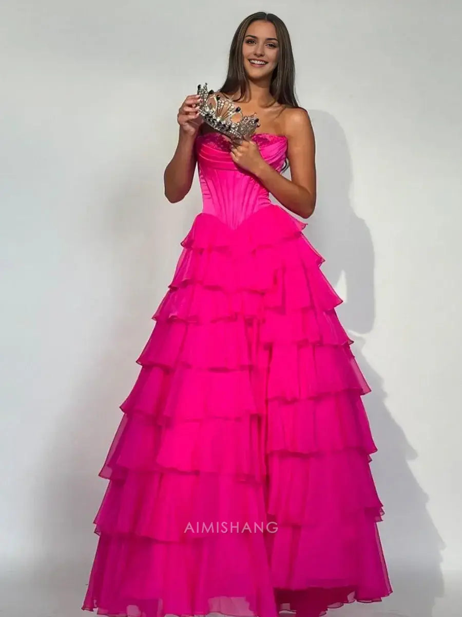 Aimishang Elegant A-Line Sweetheart Strapless Ruffle Layered Long Formal Prom Dress With Slit Charming Evening Gown Elegant Party Dress