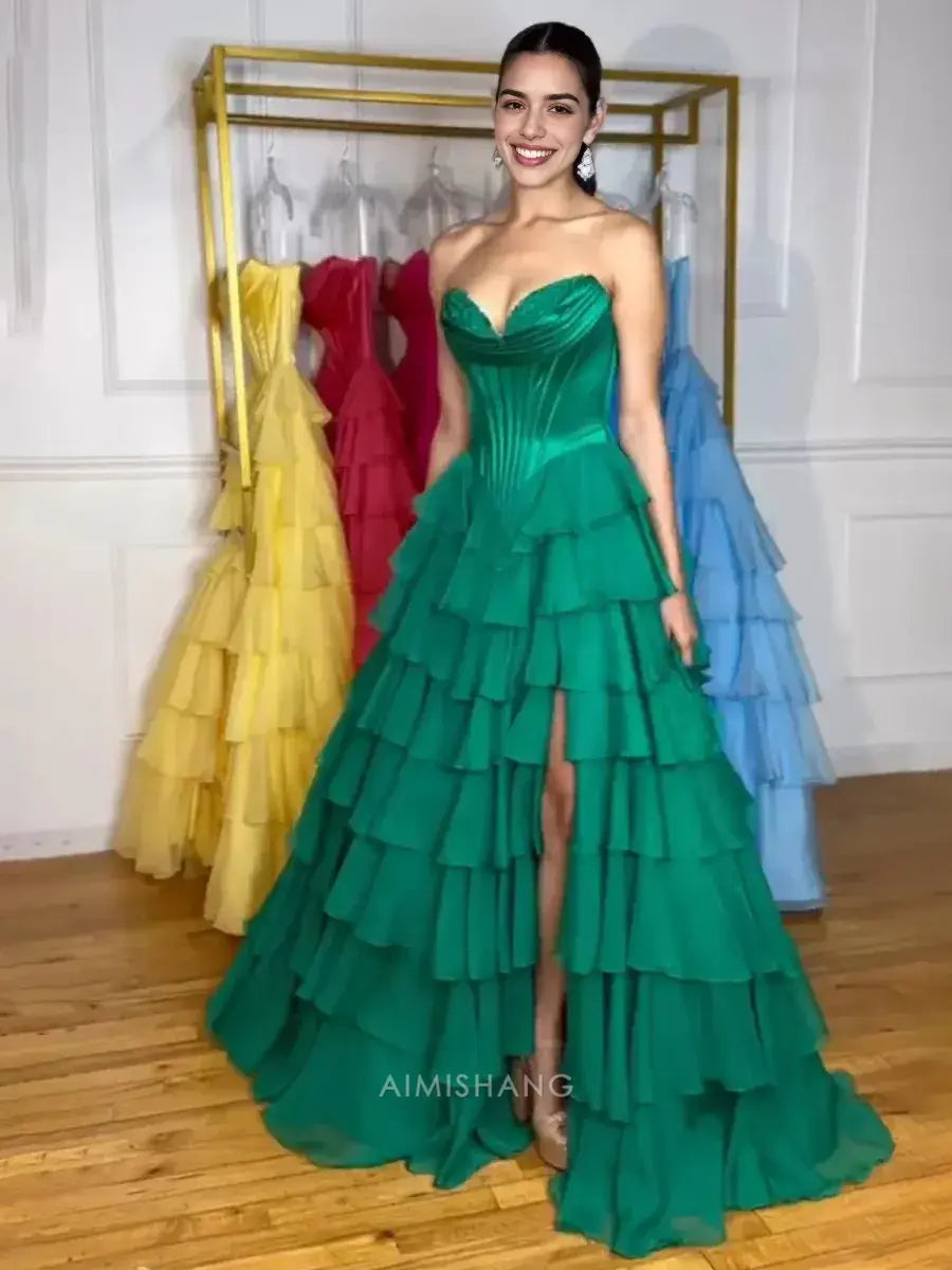 Aimishang Elegant A-Line Sweetheart Strapless Ruffle Layered Long Formal Prom Dress With Slit Charming Evening Gown Elegant Party Dress