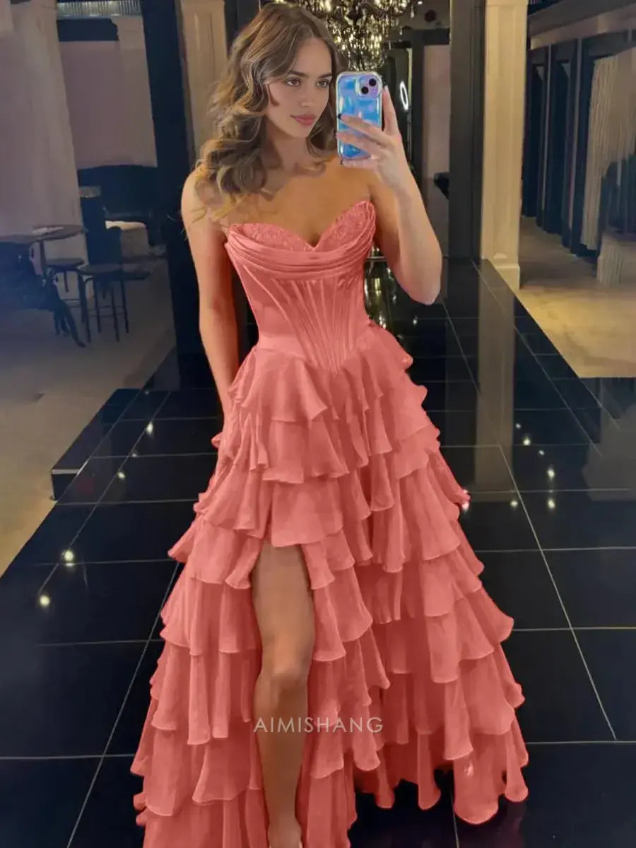Aimishang Elegant A-Line Sweetheart Strapless Ruffle Layered Long Formal Prom Dress With Slit Charming Evening Gown Elegant Party Dress