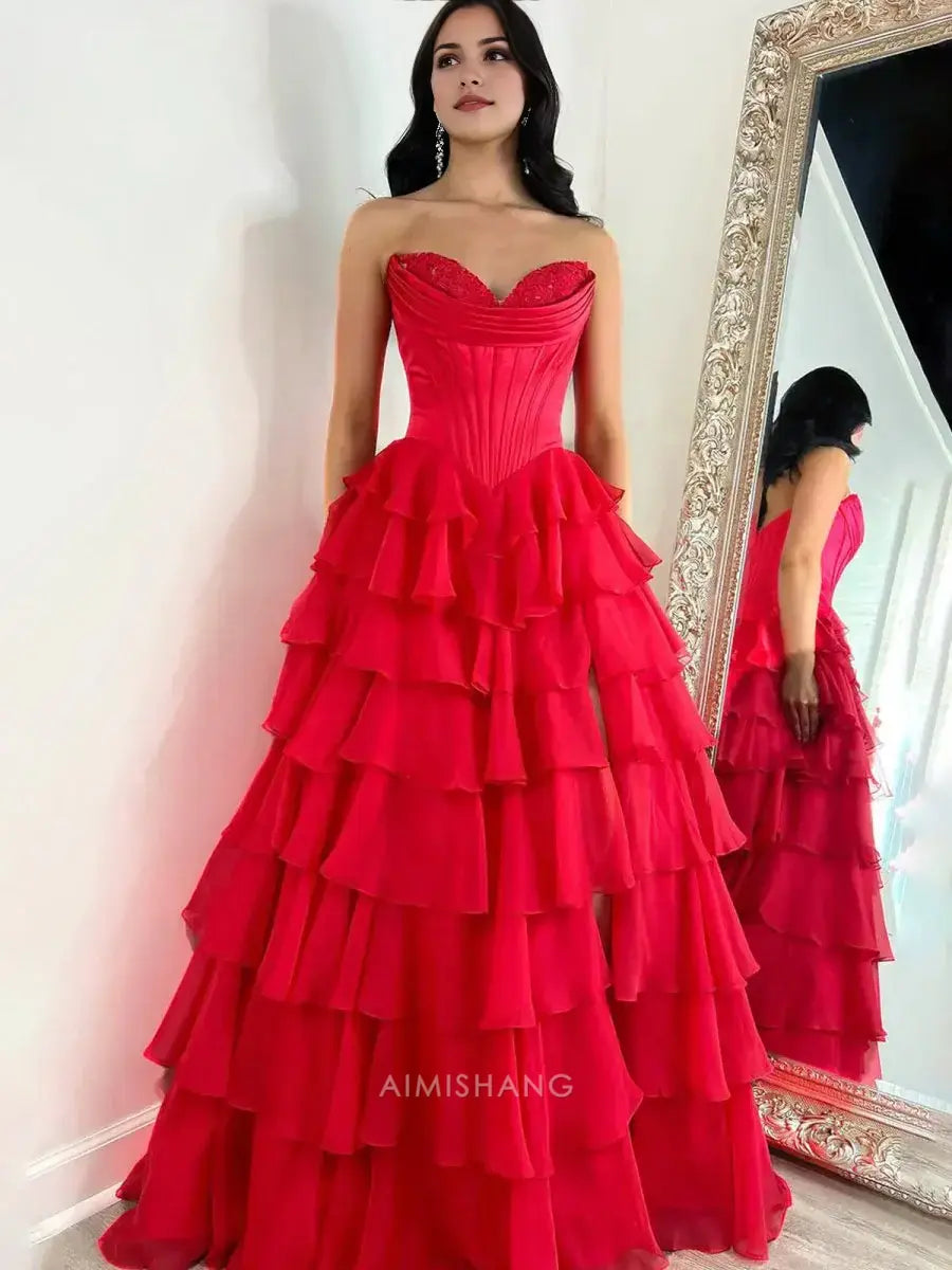 Aimishang Elegant A-Line Sweetheart Strapless Ruffle Layered Long Formal Prom Dress With Slit Charming Evening Gown Elegant Party Dress